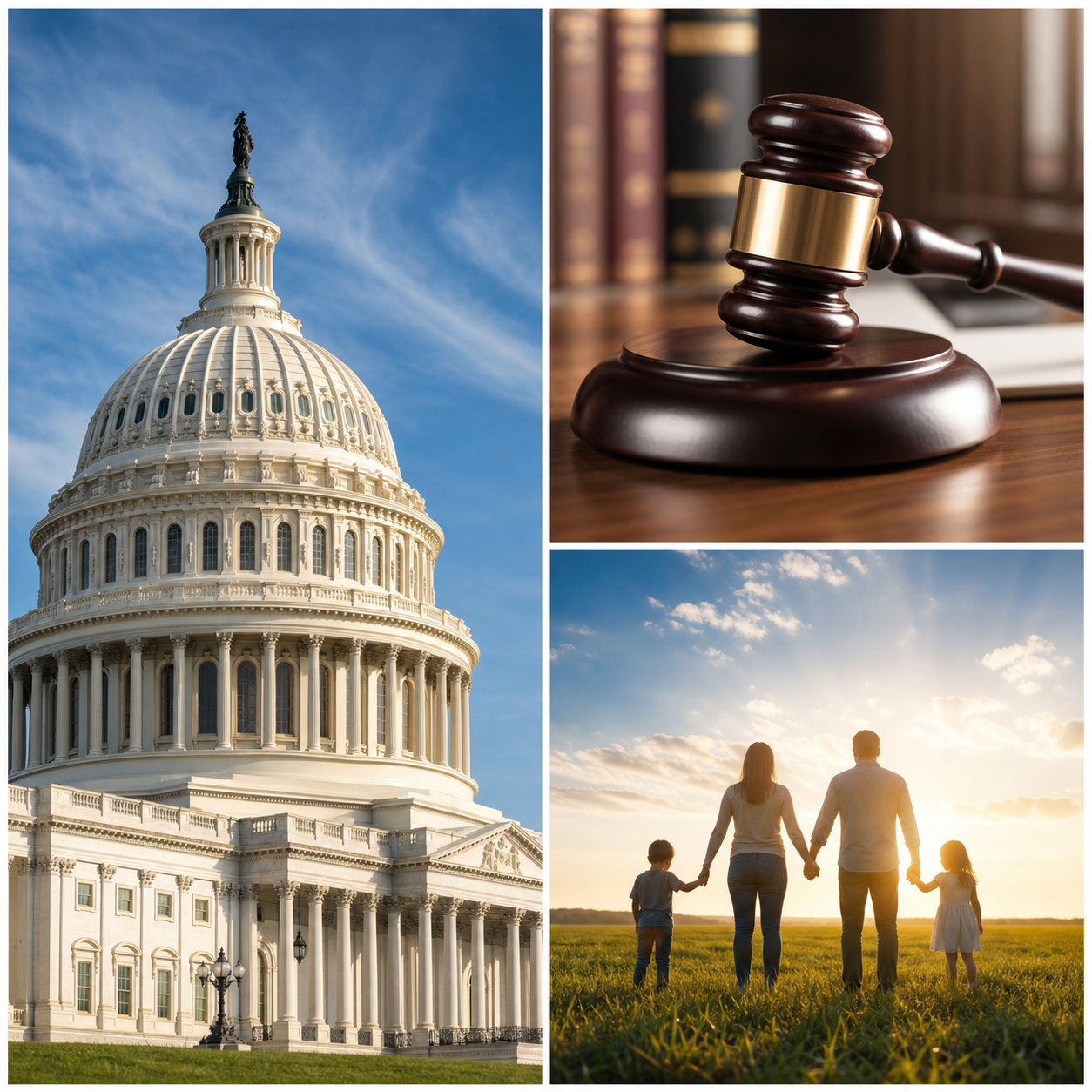 Capitol dome, judge gavel, and family holding hands